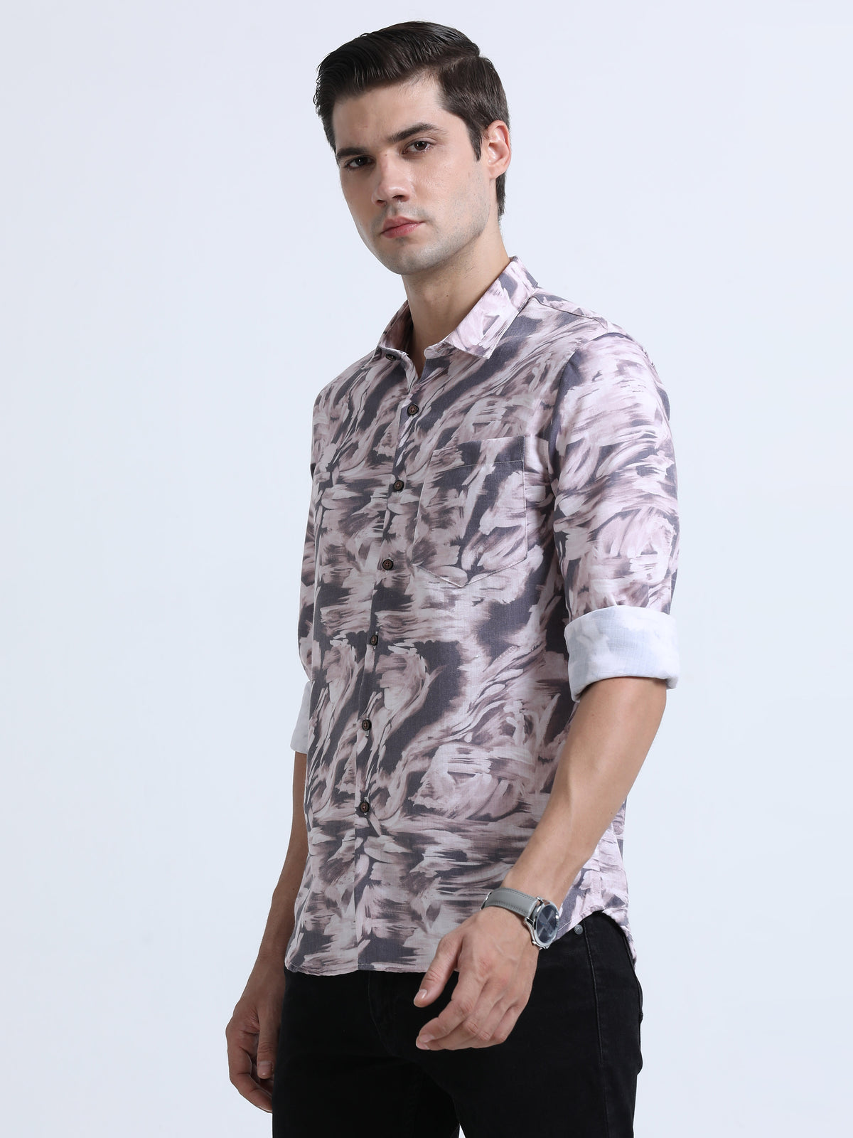 Shop Men's Cream Printed Casual Slim Fit Shirt Online.