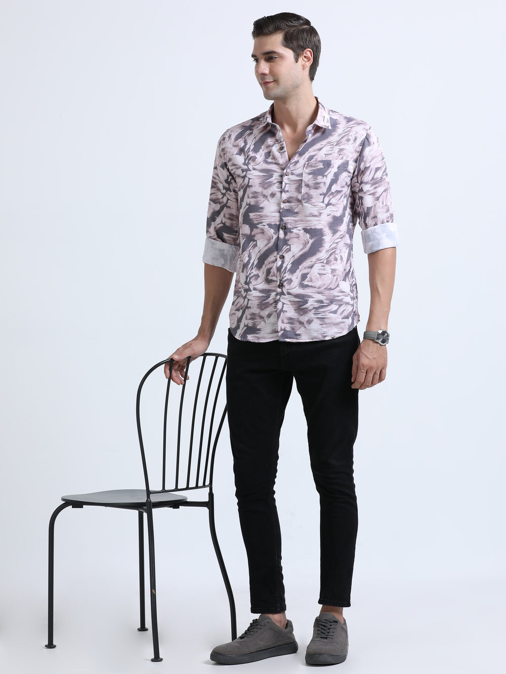 Men's Cream Slim Fit Printed Full Sleeve Casual Shirt
