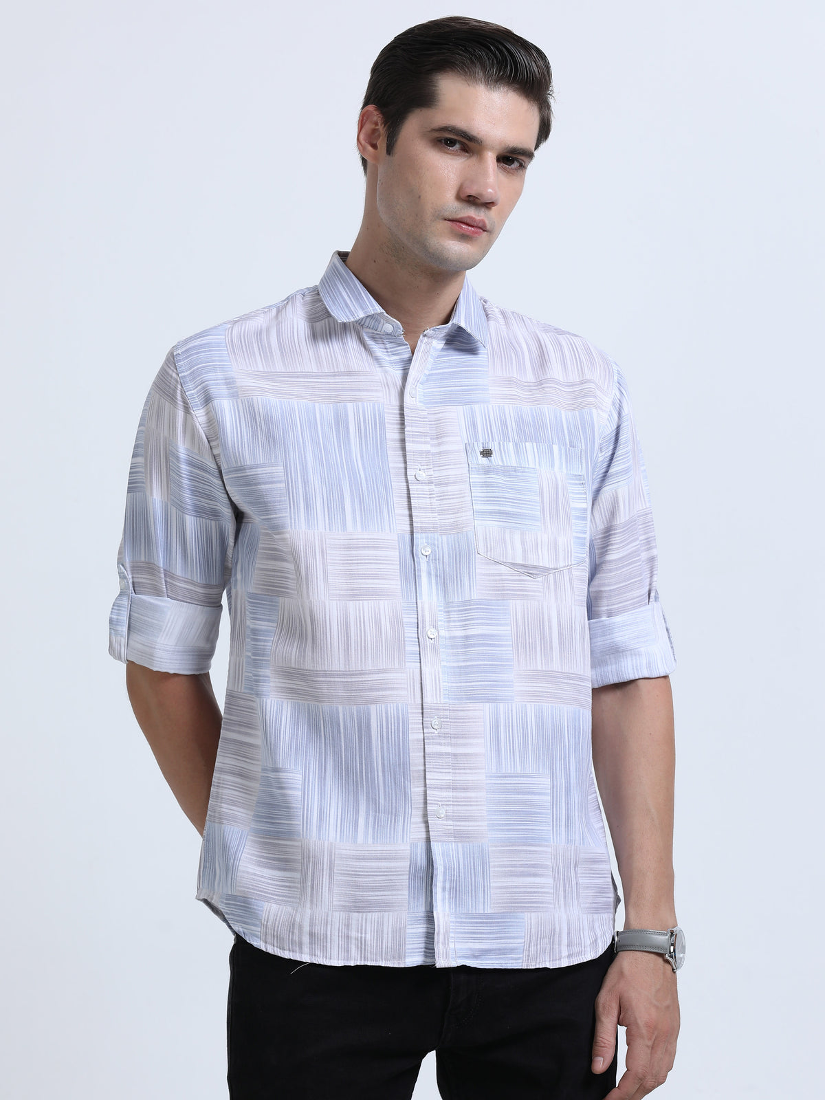 Shop Men's Blue Cotton Twill Slim Fit Printed Full Sleeve Shirt Online.