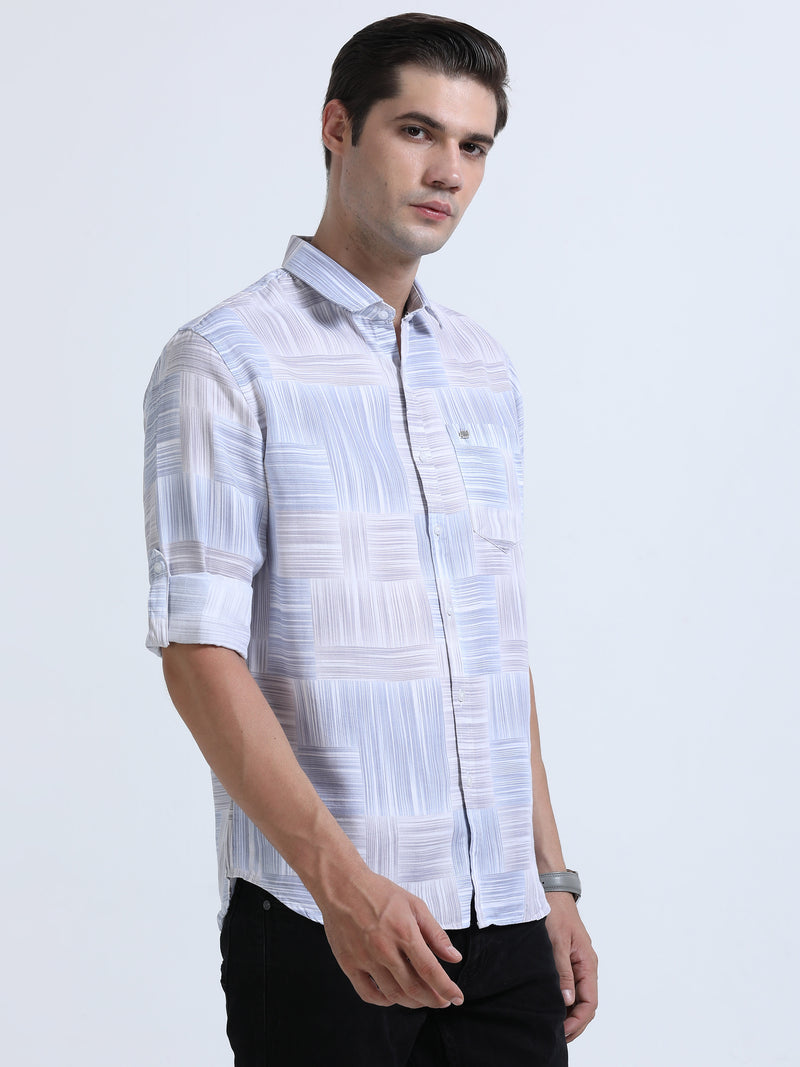 Shop Men's Blue Cotton Twill Slim Fit Printed Full Sleeve Shirt Online.