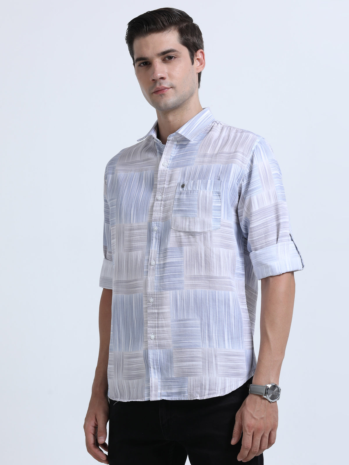 Shop Men's Blue Cotton Twill Slim Fit Printed Full Sleeve Shirt Online.