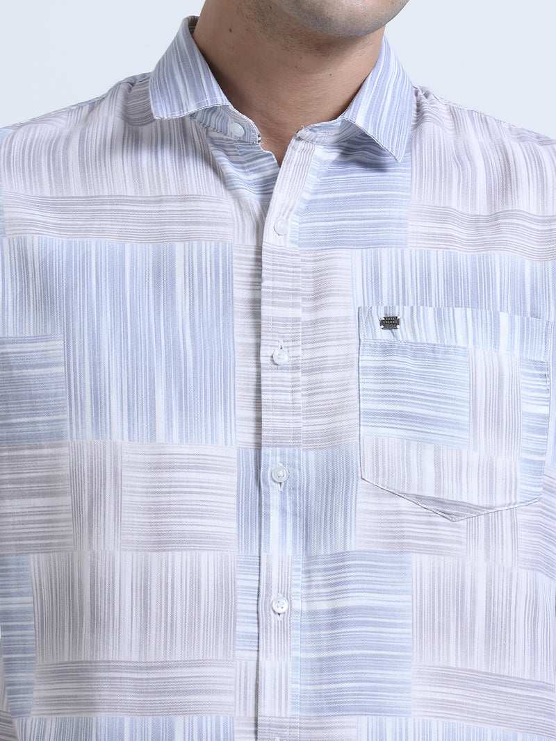 Shop Men's Blue Cotton Twill Slim Fit Printed Full Sleeve Shirt Online.