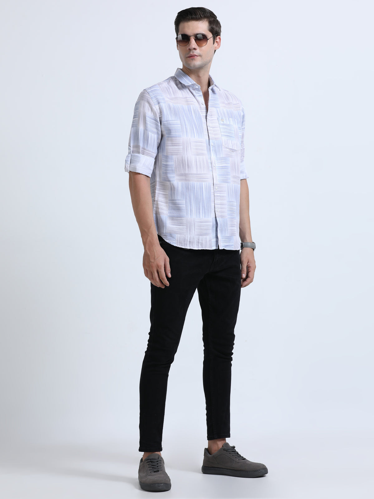 Shop Men's Blue Cotton Twill Slim Fit Printed Full Sleeve Shirt Online.