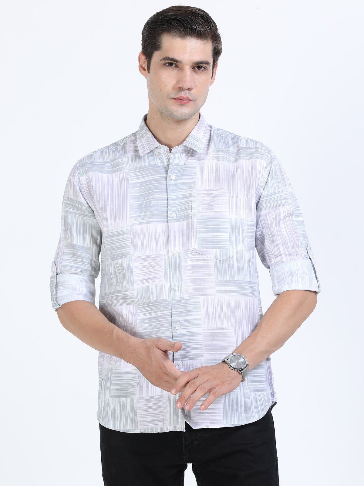 Men's Green Slim Fit Twill Printed Full Sleeve Casual Shirt