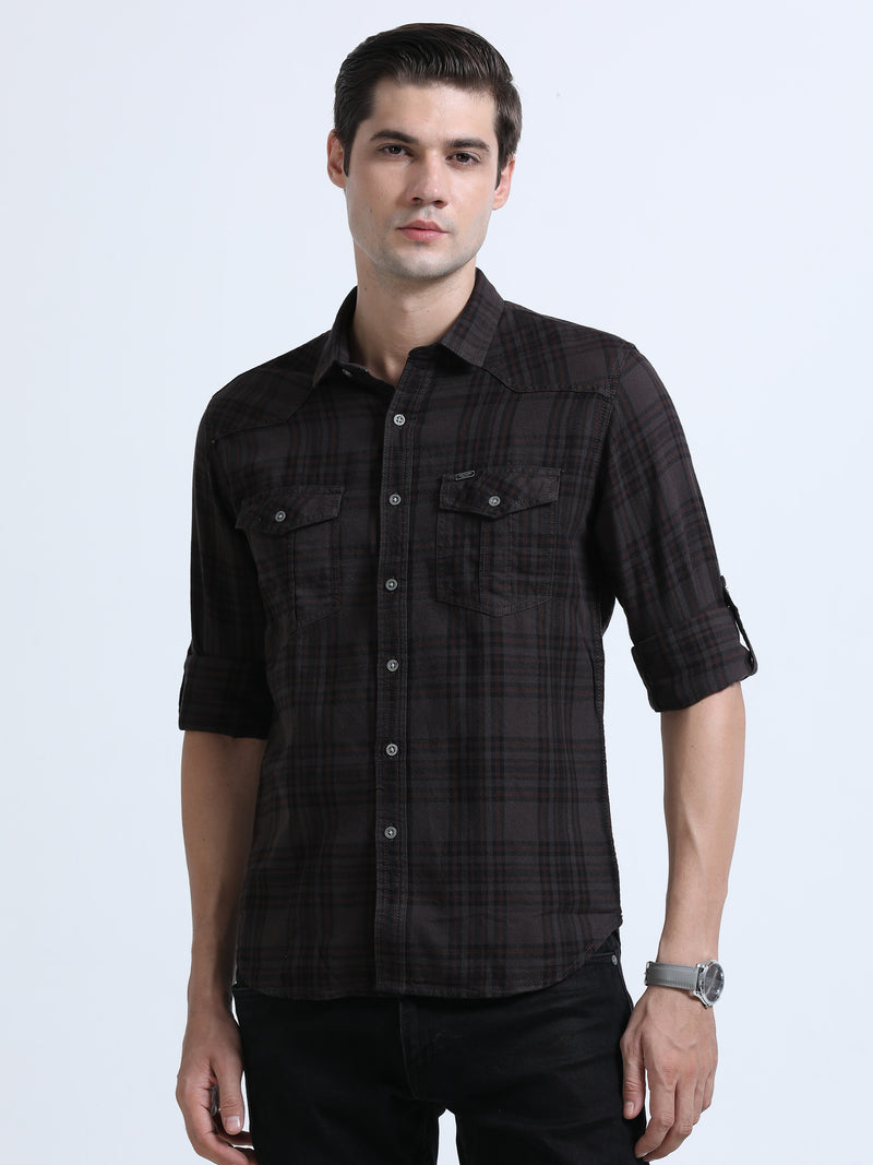 Shop Men's Brown Cotton Slim Fit Full Sleeve Casual Checks Shirt Online.