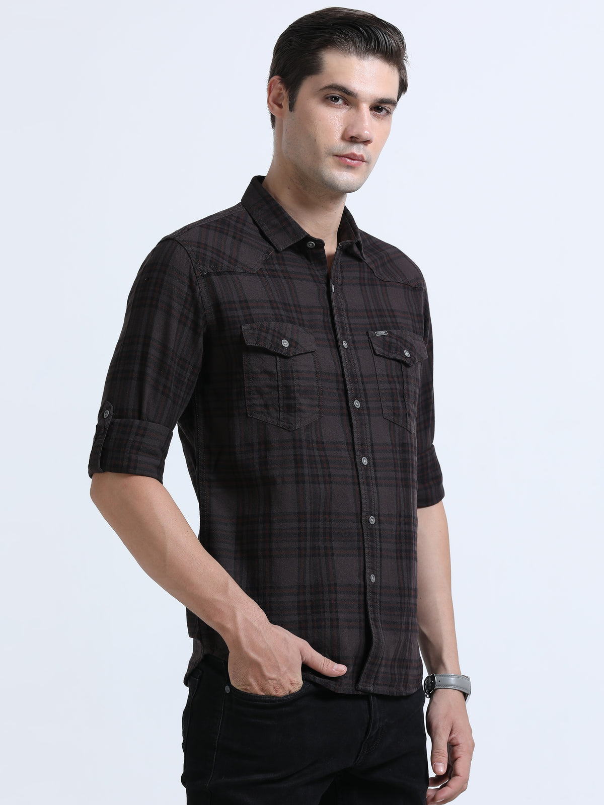 Shop Men's Brown Cotton Slim Fit Full Sleeve Casual Checks Shirt Online.