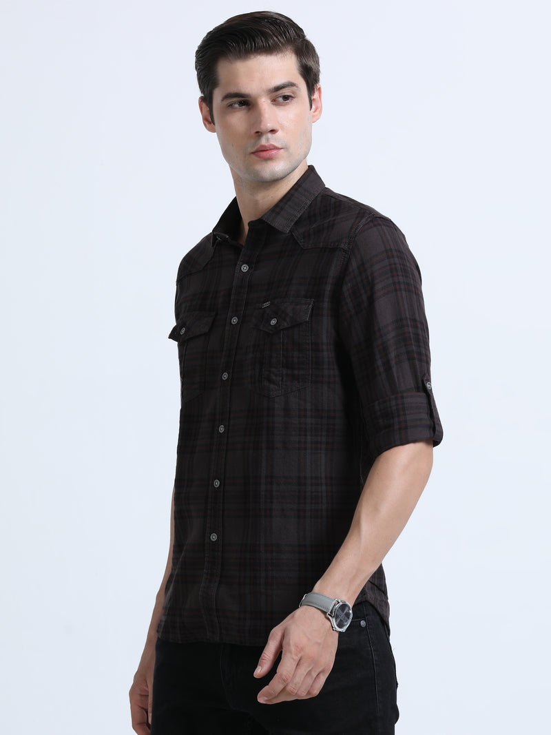 Shop Men's Brown Cotton Slim Fit Full Sleeve Casual Checks Shirt Online.