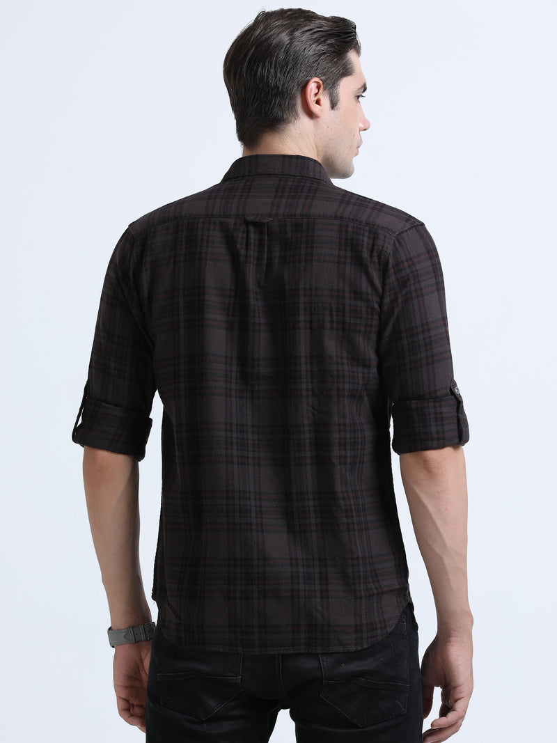 Shop Men's Brown Cotton Slim Fit Full Sleeve Casual Checks Shirt Online.