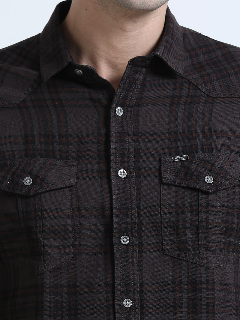 Shop Men's Brown Cotton Slim Fit Full Sleeve Casual Checks Shirt Online.