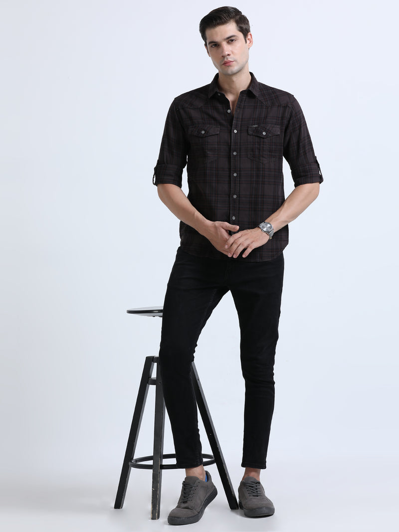 Shop Men's Brown Cotton Slim Fit Full Sleeve Casual Checks Shirt Online.