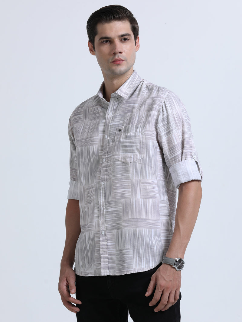 Shop Men's Brown Cotton Twill Slim Fit Printed Full Sleeve Shirt Online.