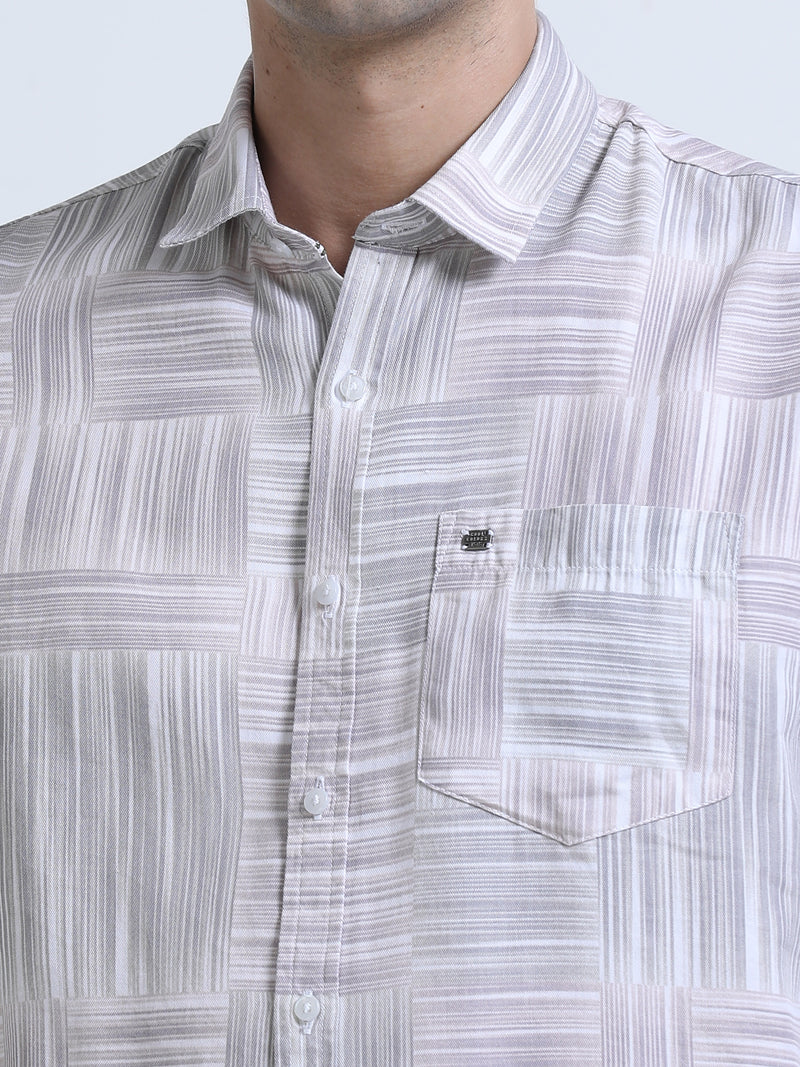 Shop Men's Brown Cotton Twill Slim Fit Printed Full Sleeve Shirt Online.