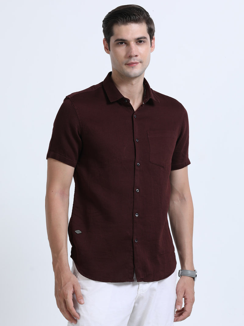 Shop Men's Marron Slim Fit Half Sleeve Dobby Casual Shirt Online.