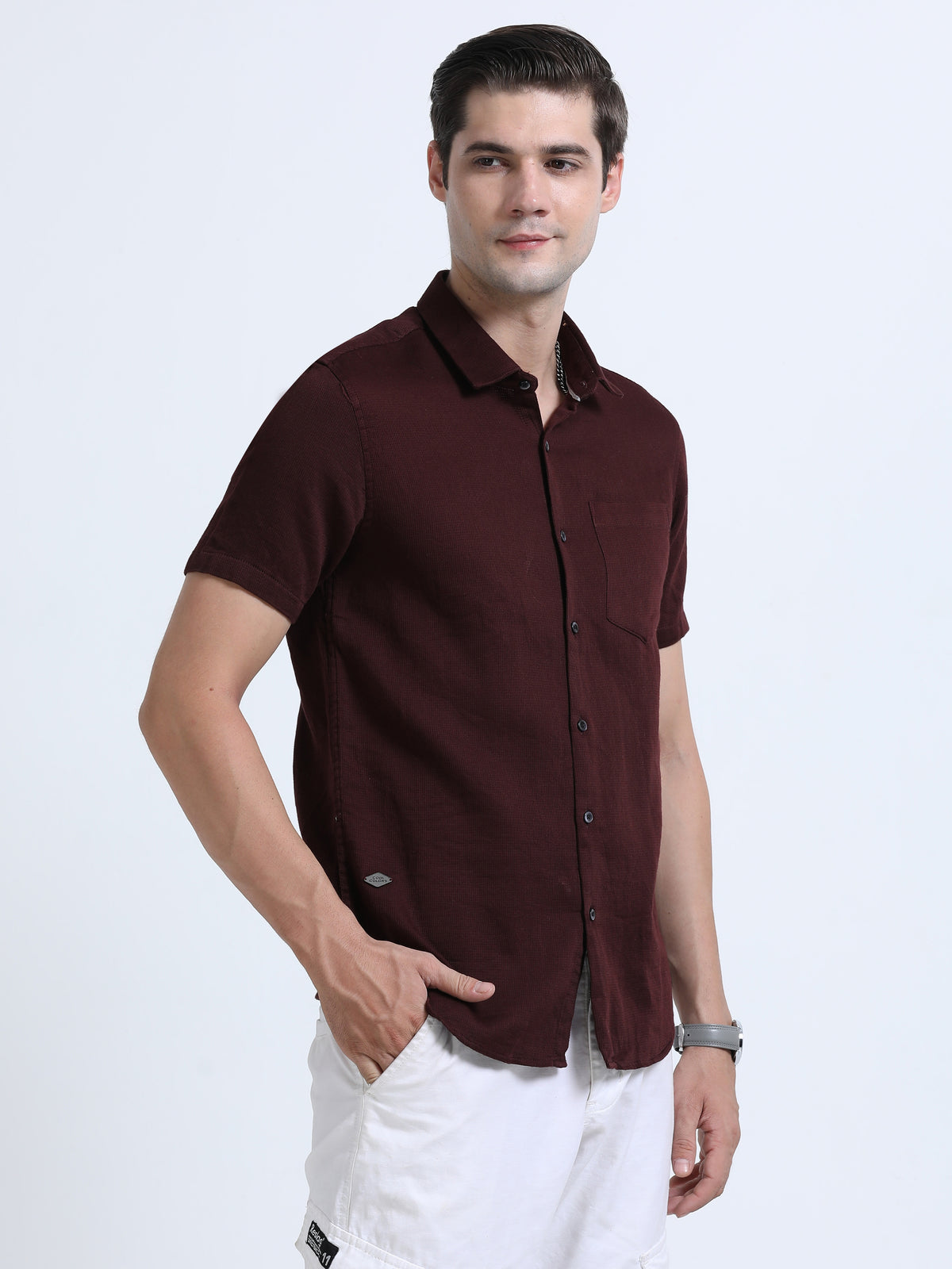 Men's Maroon Slim Fit Dobby Half sleeve Casual Shirt