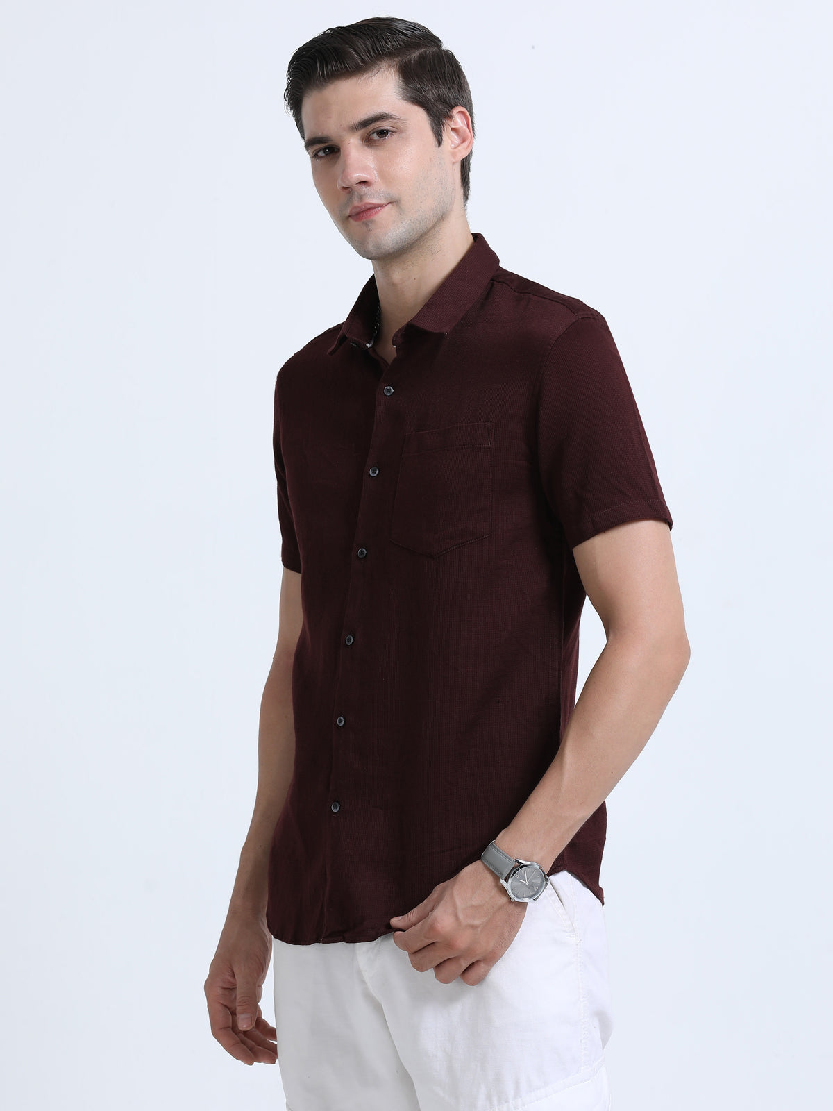 Shop Men's Marron Slim Fit Half Sleeve Dobby Casual Shirt Online.