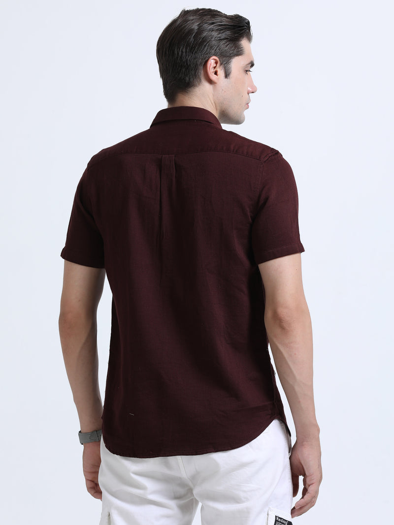 Shop Men's Marron Slim Fit Half Sleeve Dobby Casual Shirt Online.