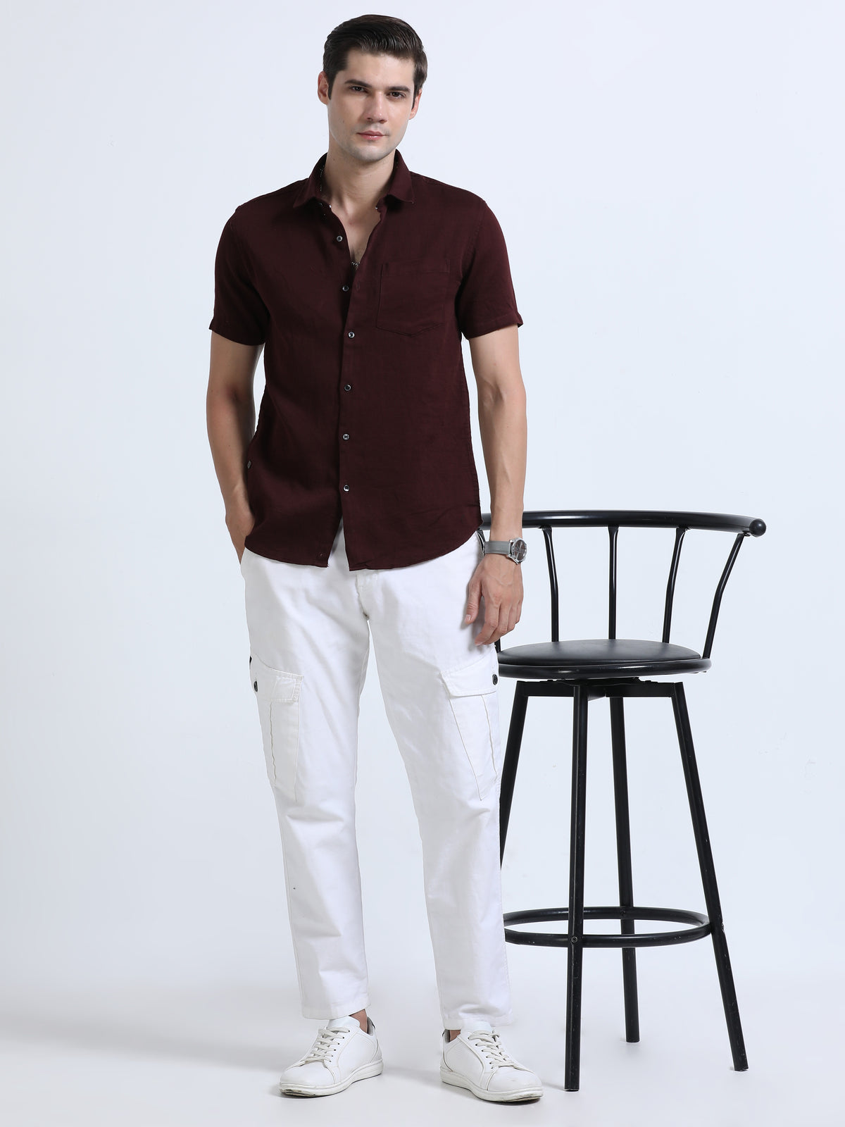 Shop Men's Marron Slim Fit Half Sleeve Dobby Casual Shirt Online.