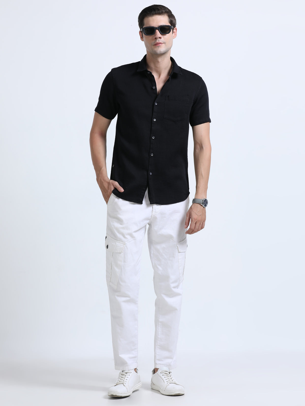 Men's Black Slim Fit Dobby Half Sleeve Casual Shirt