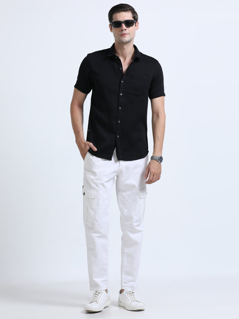 Shop Men's Black Slim Fit Half Sleeve Dobby Casual Shirt Online.