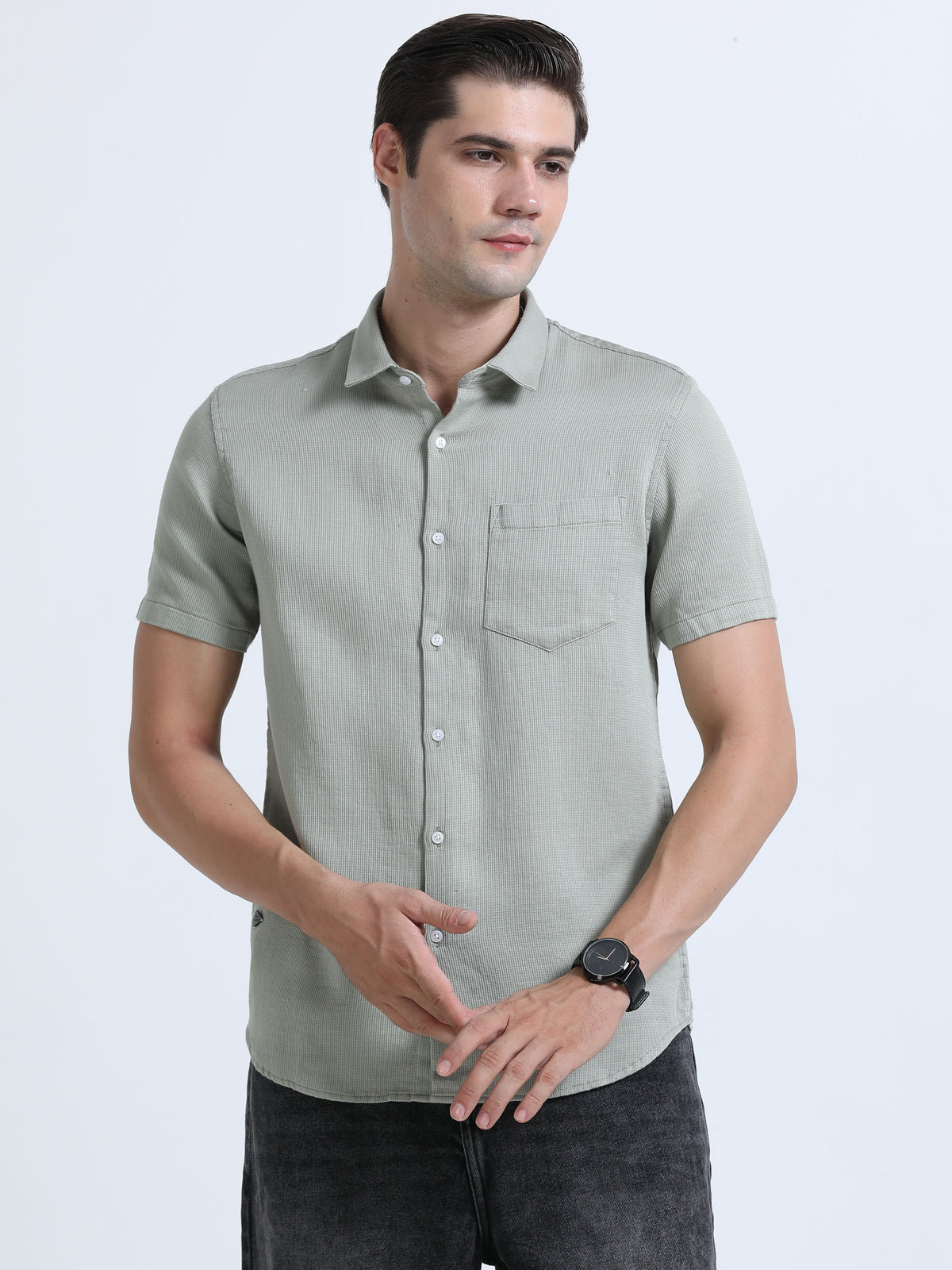 Shop Men's Dark Grey Slim Fit Half Sleeve Dobby Casual Shirt Online.