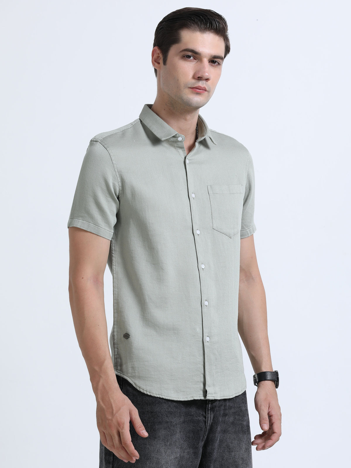 Shop Men's Dark Grey Slim Fit Half Sleeve Dobby Casual Shirt Online.