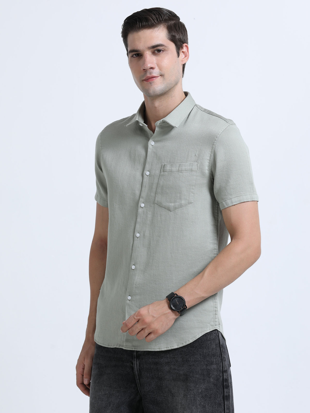 Shop Men's Dark Grey Slim Fit Half Sleeve Dobby Casual Shirt Online.