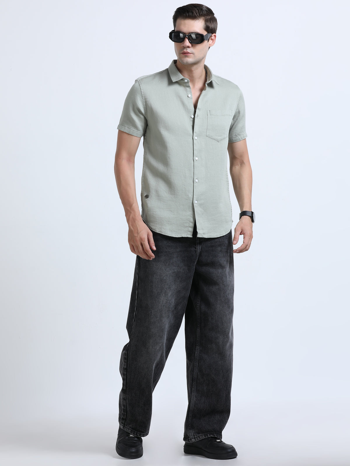 Shop Men's Dark Grey Slim Fit Half Sleeve Dobby Casual Shirt Online.