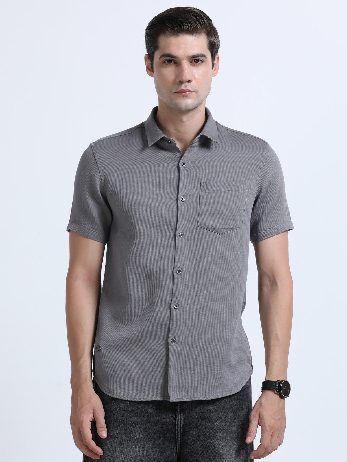 Men's Grey Slim Fit Dobby Half Sleeve Casual Shirt