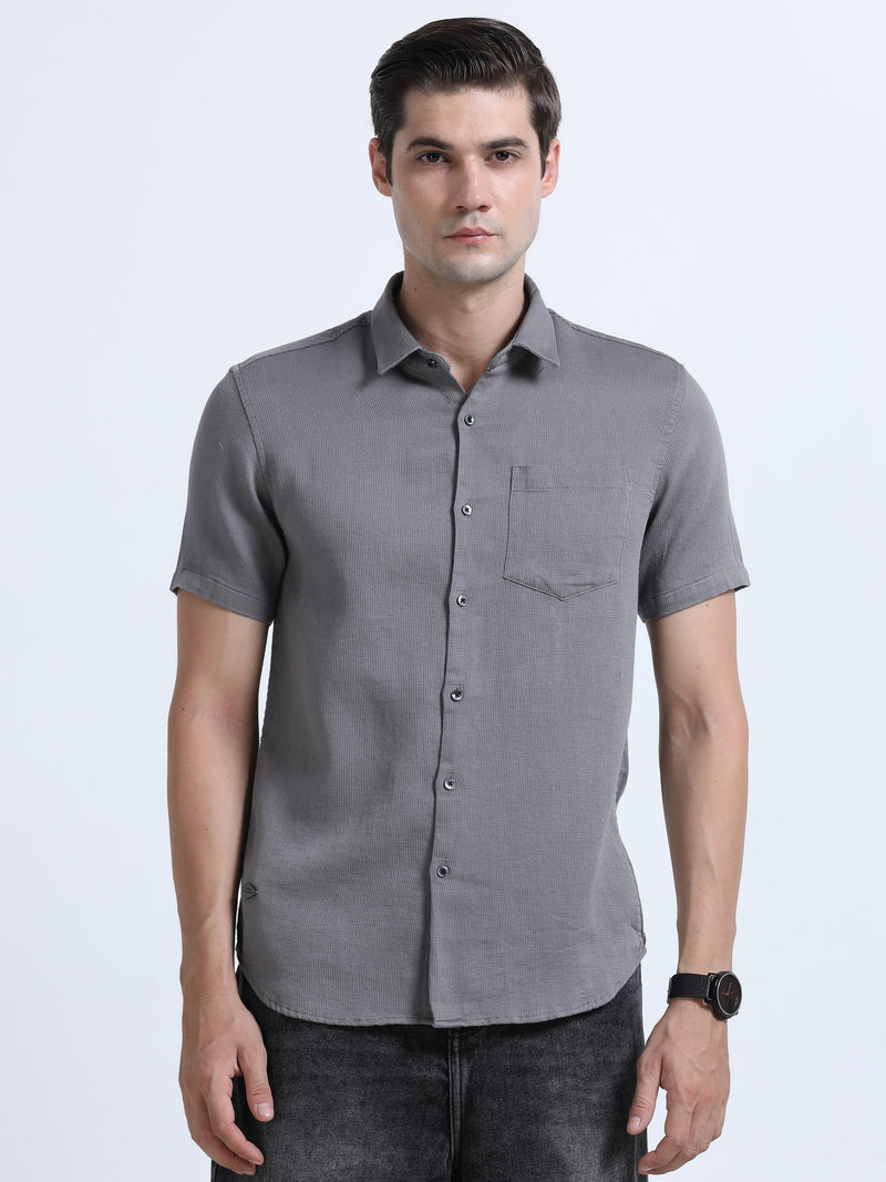 Shop Men's Grey Slim Fit Half Sleeve Dobby Casual Shirt Online.