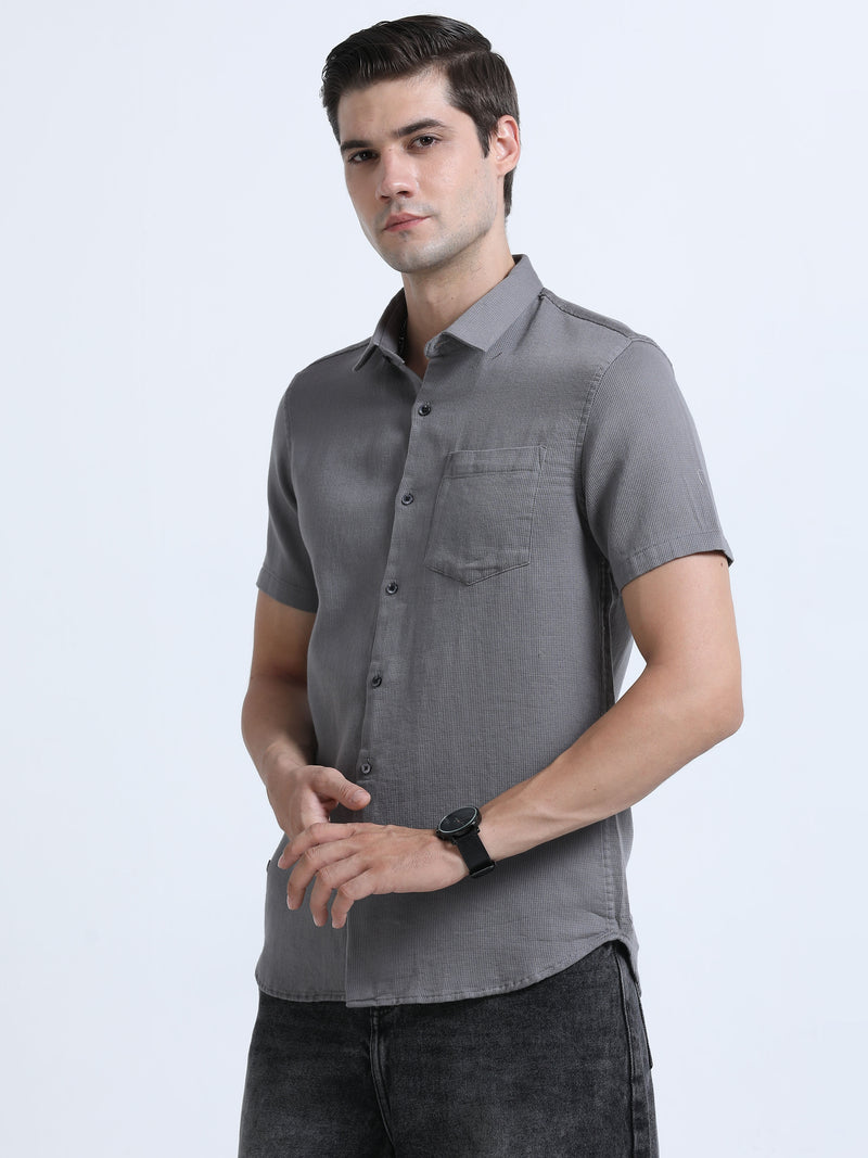 Shop Men's Grey Slim Fit Half Sleeve Dobby Casual Shirt Online.