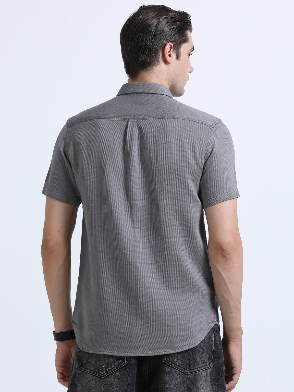 Men's Grey Slim Fit Dobby Half Sleeve Casual Shirt