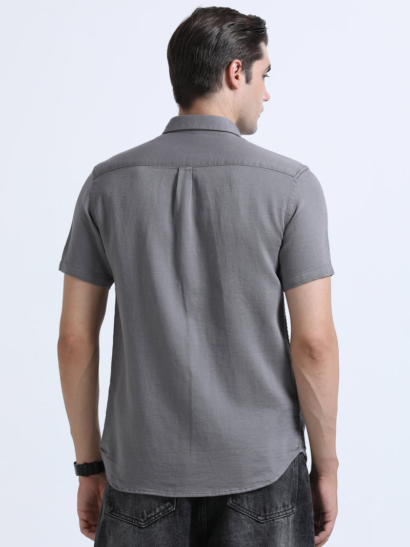 Shop Men's Grey Slim Fit Half Sleeve Dobby Casual Shirt Online.