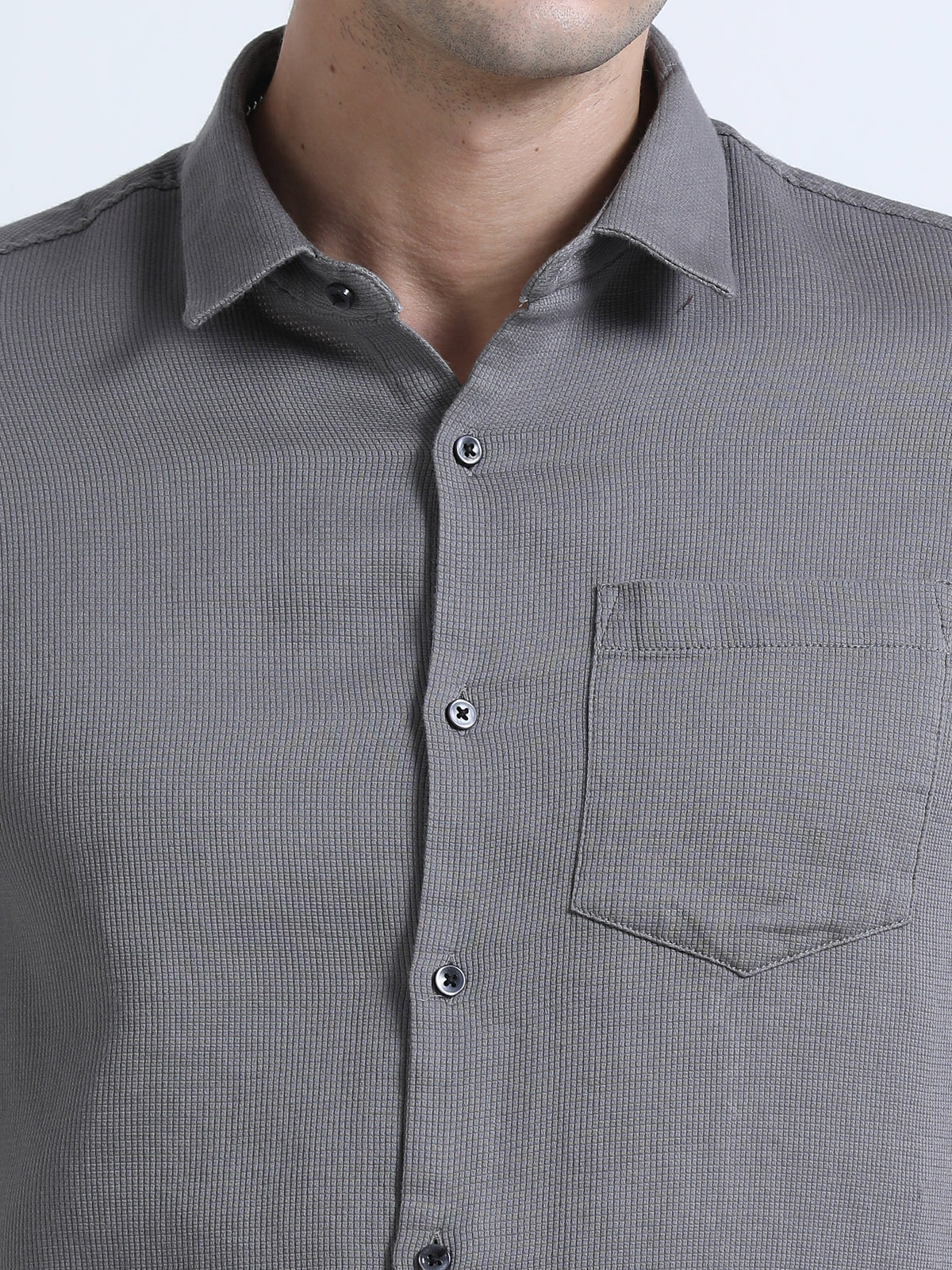 Men's Grey Slim Fit Dobby Half Sleeve Casual Shirt