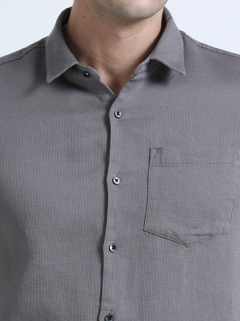 Shop Men's Grey Slim Fit Half Sleeve Dobby Casual Shirt Online.