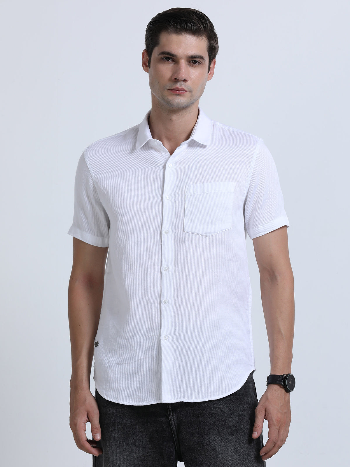 Shop Men's White Dobby Slim Fit Half Sleeve Casual Shirt Online.