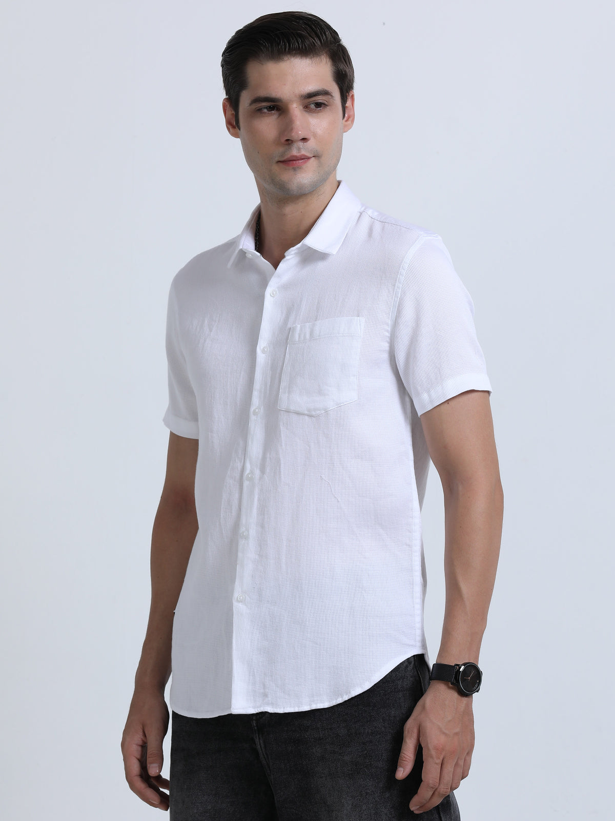 Shop Men's White Dobby Slim Fit Half Sleeve Casual Shirt Online.