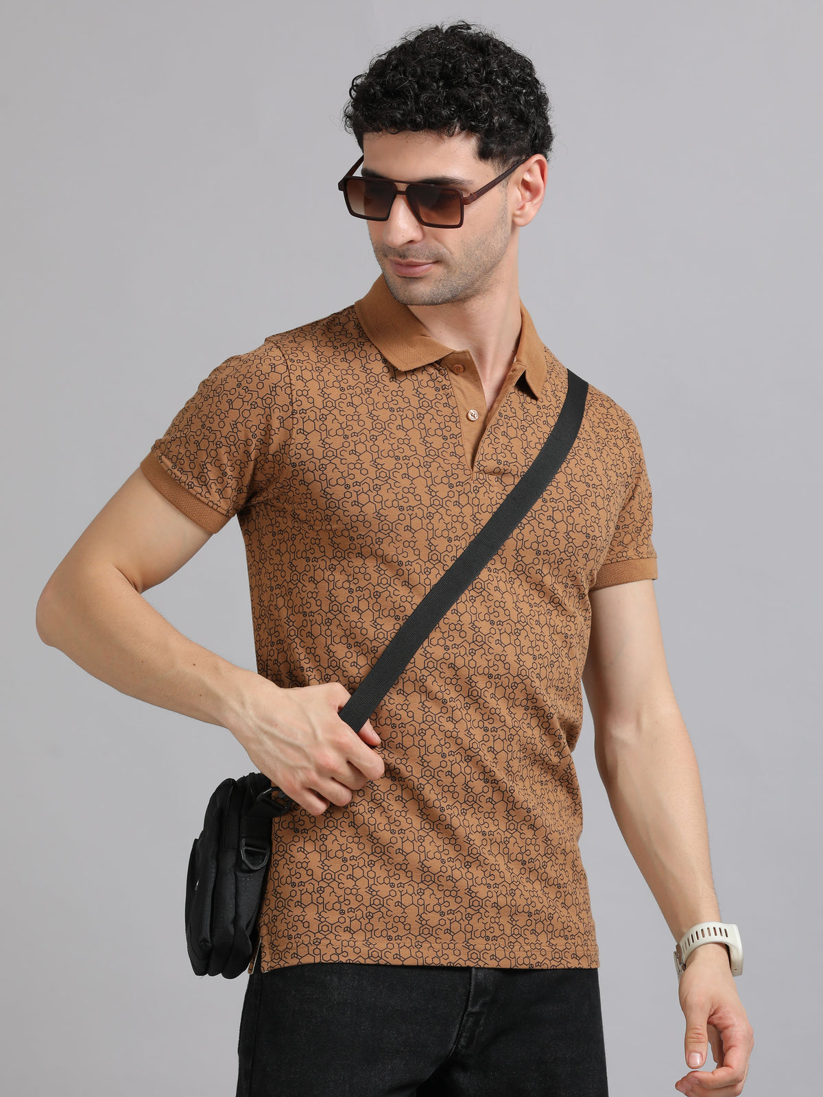 Men Brown Printed Regular Fit Half Sleeve Polo Neck T-Shirt