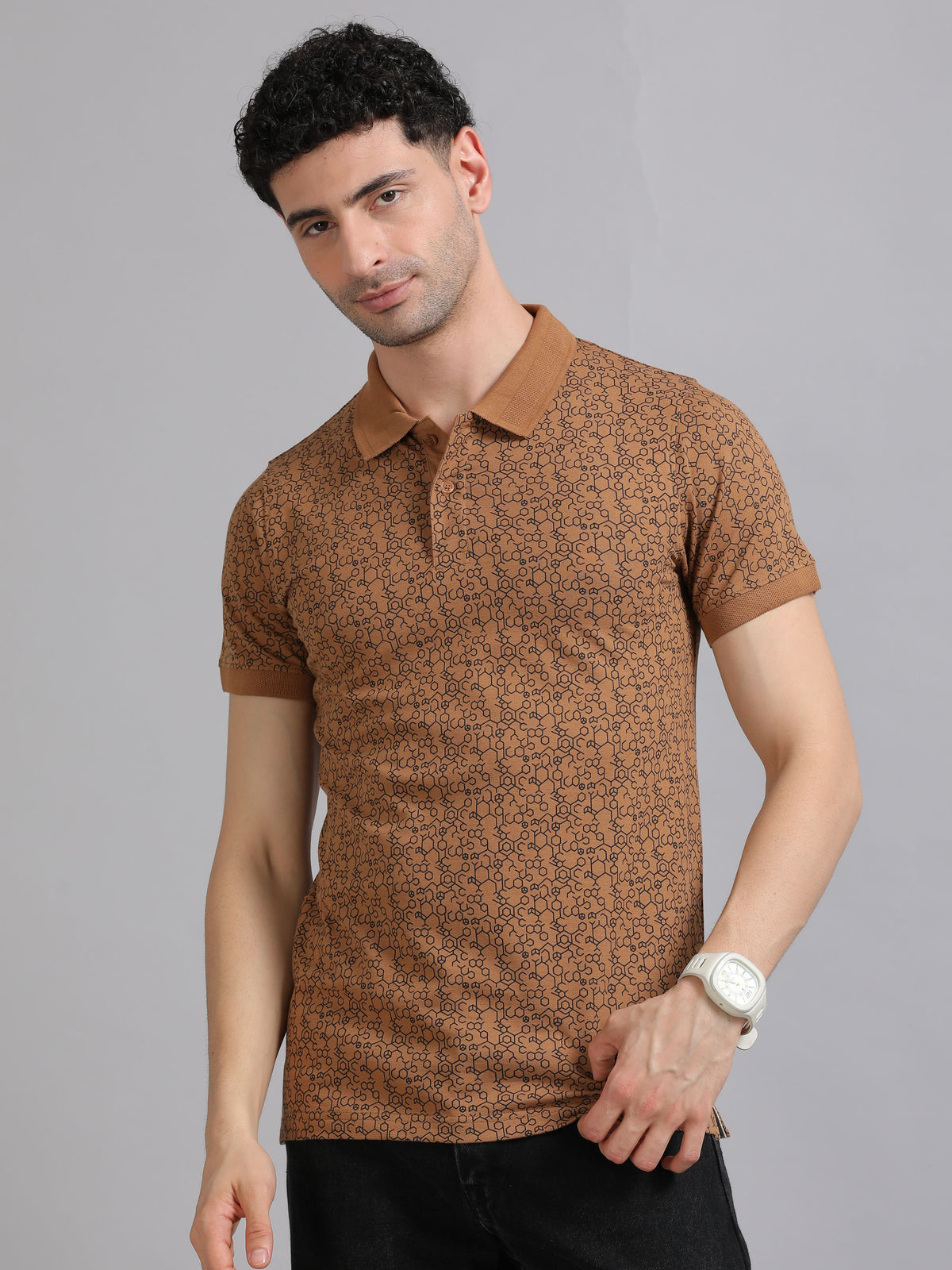 Men Brown Printed Regular Fit Half Sleeve Polo Neck T-Shirt