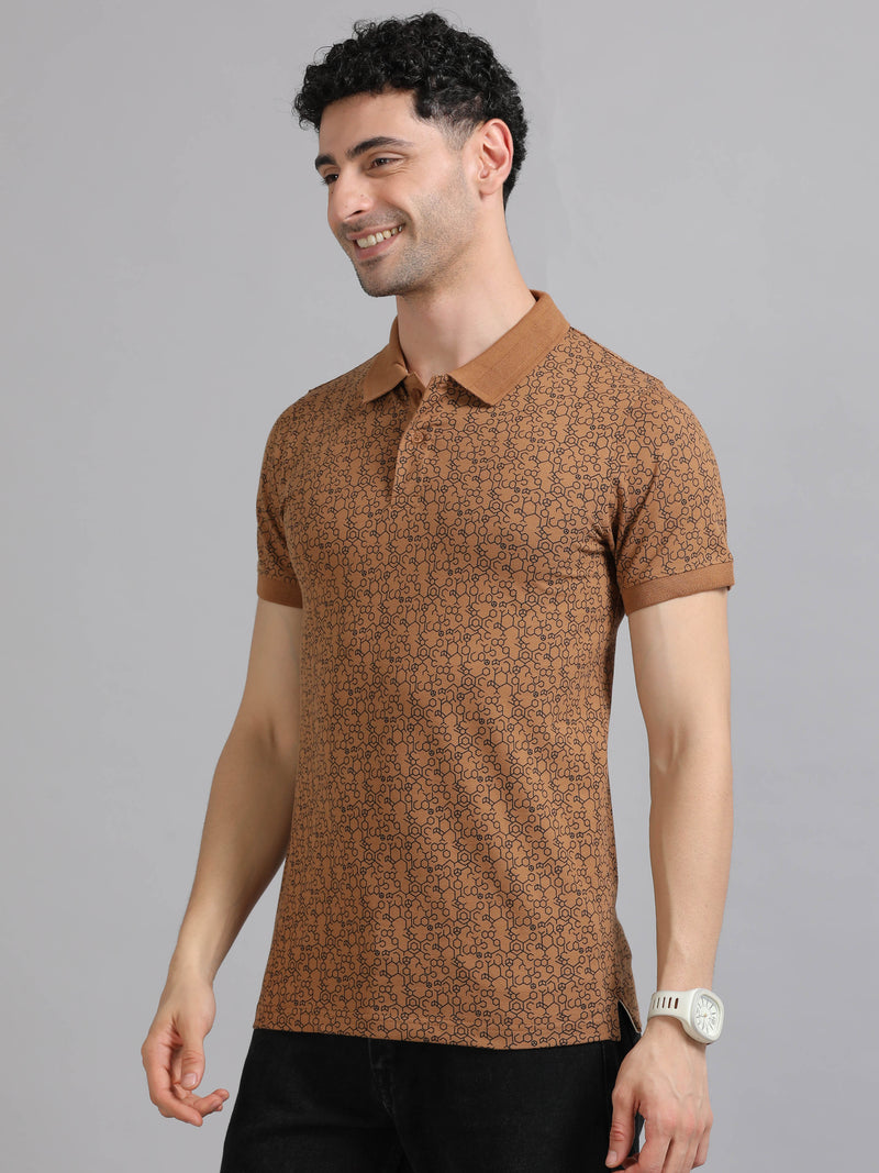 Men Brown Printed Regular Fit Half Sleeve Polo Neck T-Shirt