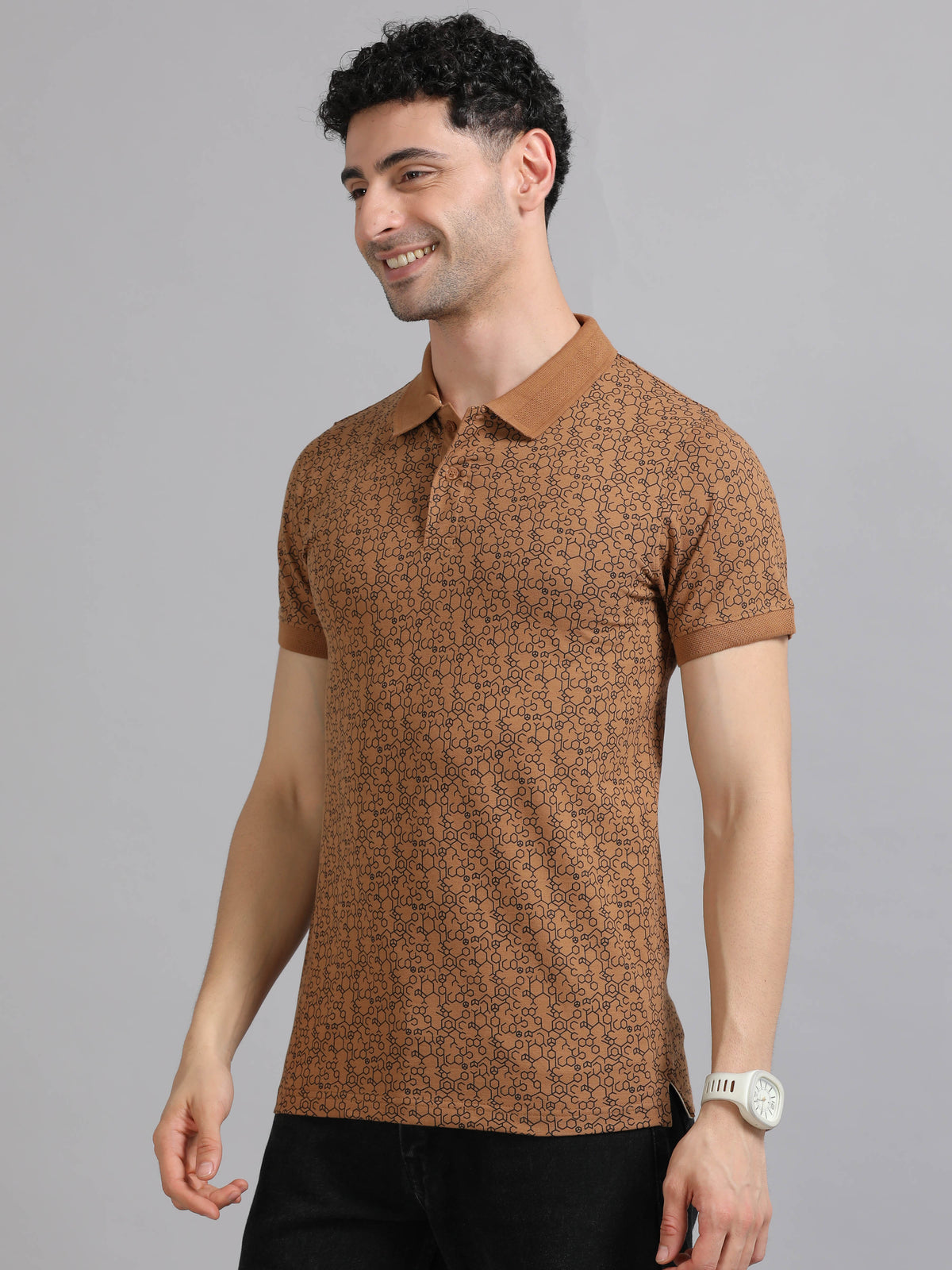 Men Brown Printed Regular Fit Half Sleeve Polo Neck T-Shirt