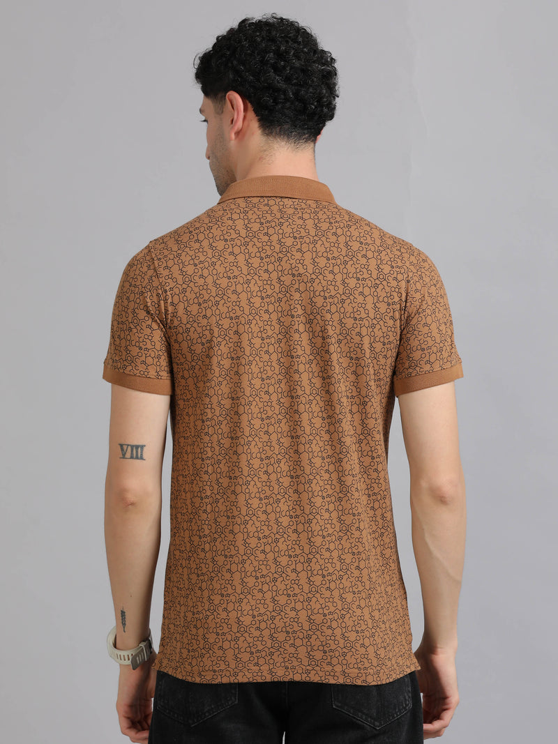 Men Brown Printed Regular Fit Half Sleeve Polo Neck T-Shirt