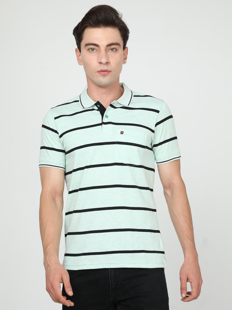 Shop Men's Sky Stripe Regular Fit Half Sleeves Polo Neck T-Shirt Online.