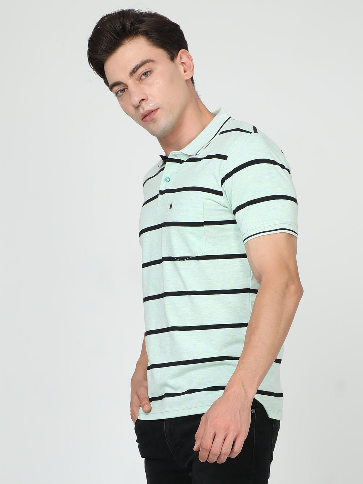 Shop Men's Sky Stripe Regular Fit Half Sleeves Polo Neck T-Shirt Online.