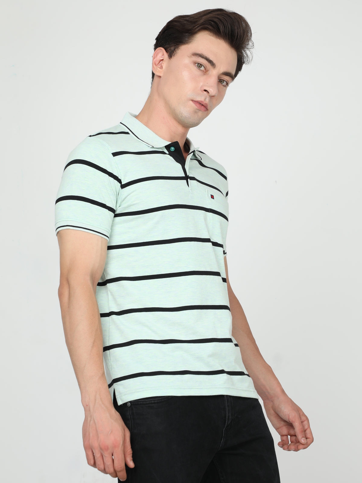 Shop Men's Sky Stripe Regular Fit Half Sleeves Polo Neck T-Shirt Online.