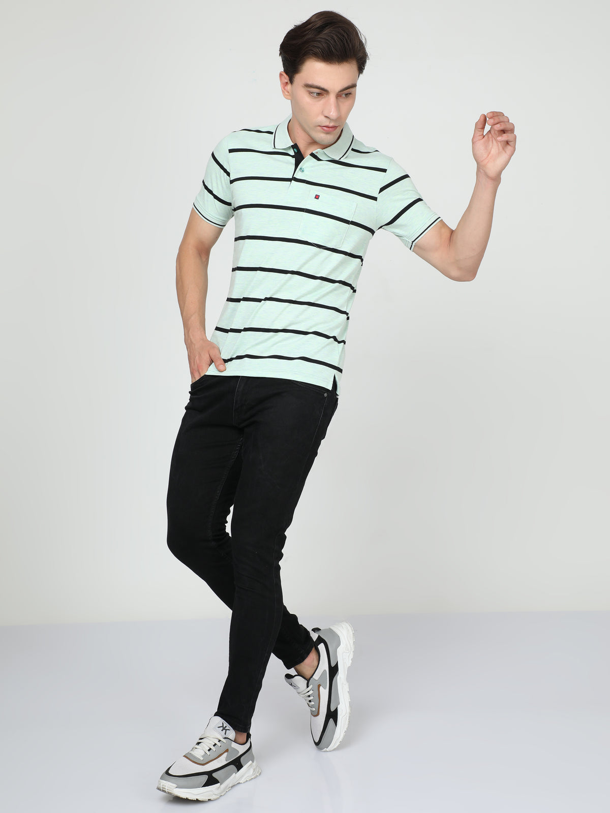 Shop Men's Sky Stripe Regular Fit Half Sleeves Polo Neck T-Shirt Online.