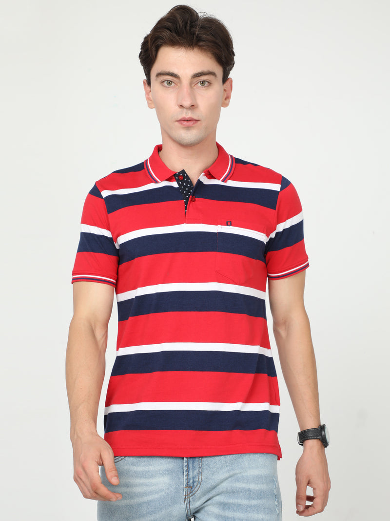 Shop Men's Blue & Red Stripe Regular Fit Half Sleeves Polo Neck T-Shirt Online.