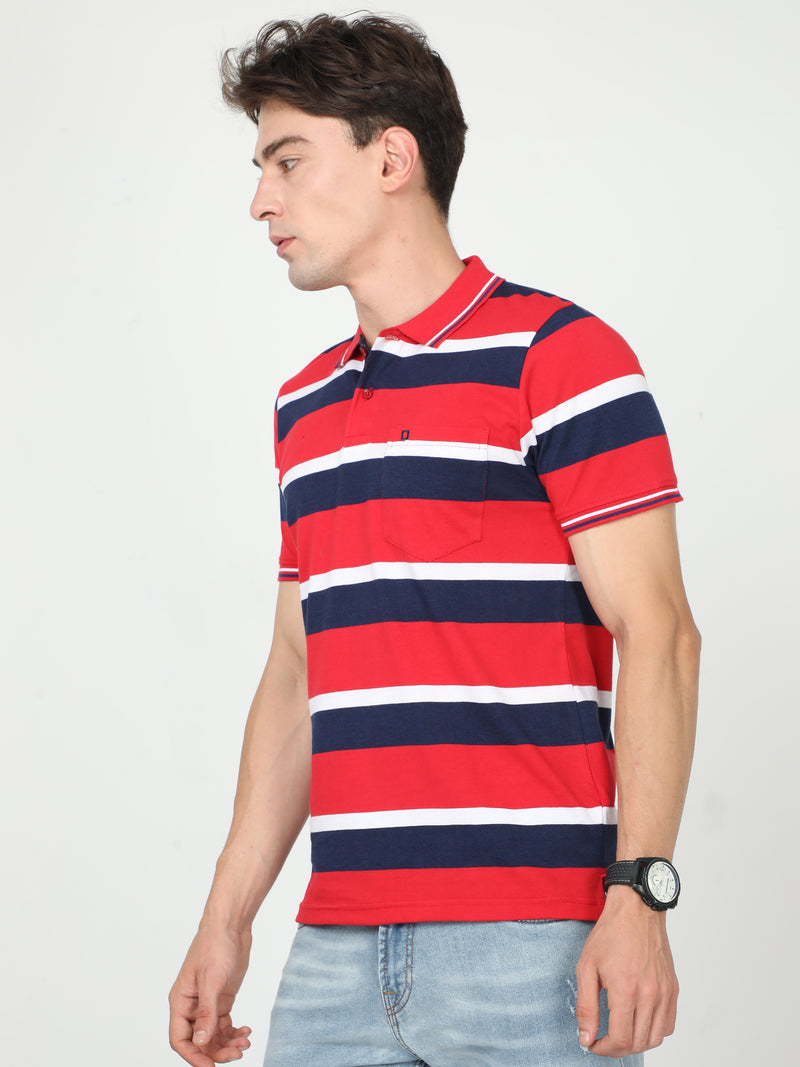 Shop Men's Blue & Red Stripe Regular Fit Half Sleeves Polo Neck T-Shirt Online.