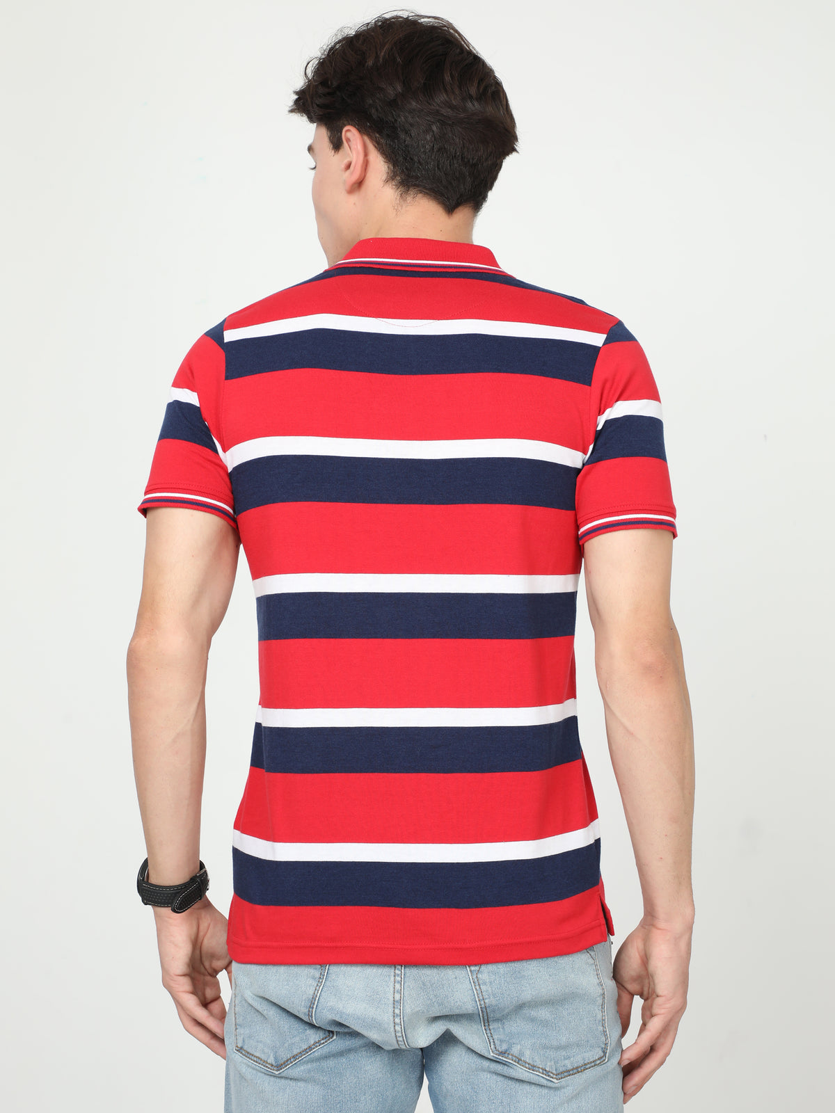 Shop Men's Blue & Red Stripe Regular Fit Half Sleeves Polo Neck T-Shirt Online.