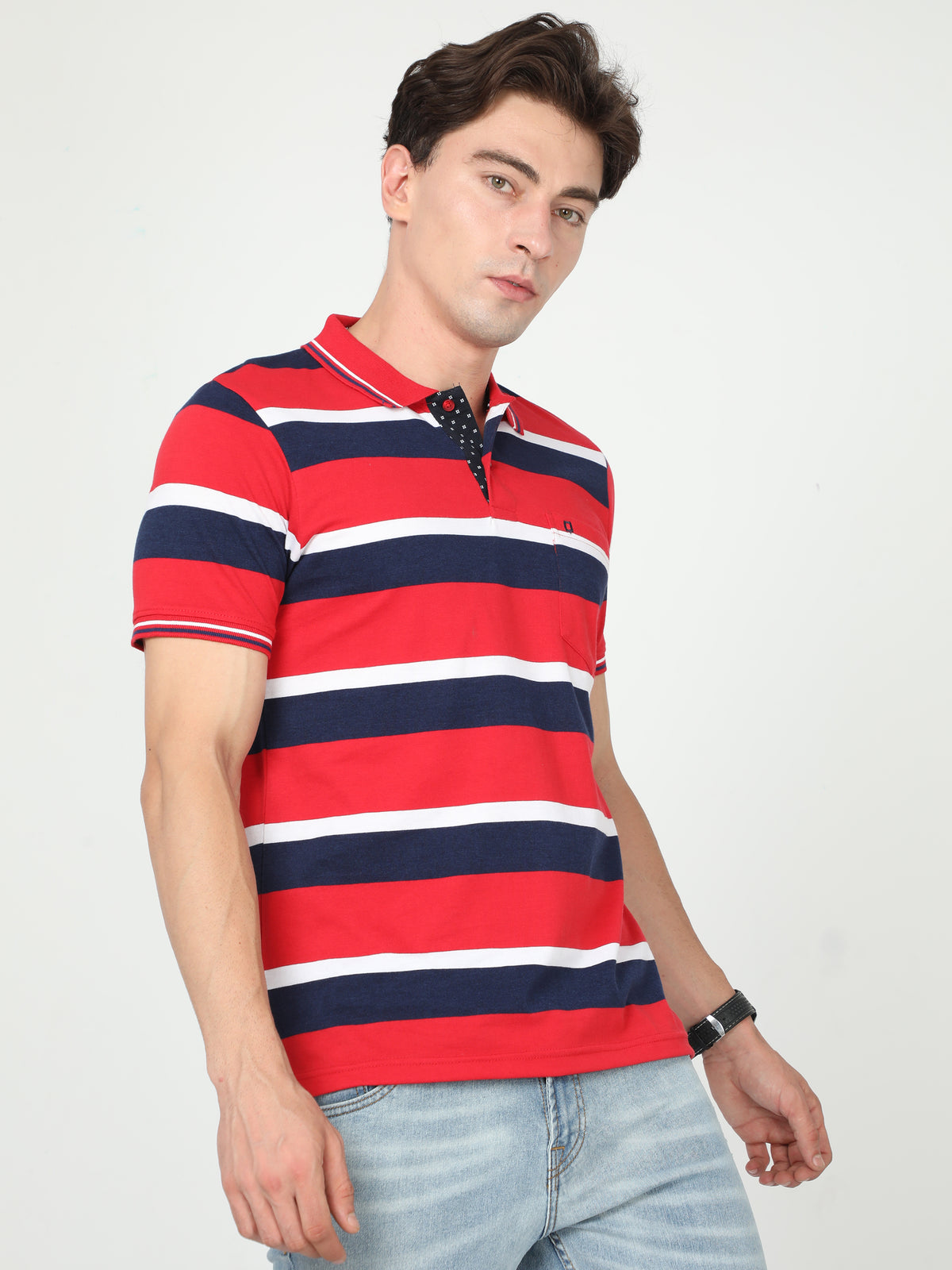 Shop Men's Blue & Red Stripe Regular Fit Half Sleeves Polo Neck T-Shirt Online.