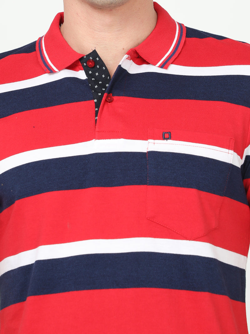 Shop Men's Blue & Red Stripe Regular Fit Half Sleeves Polo Neck T-Shirt Online.